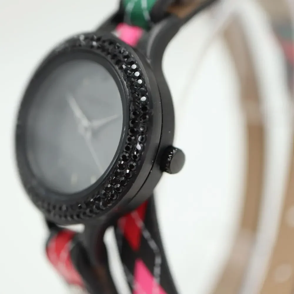 Origami Owl Womens Watch 26mm Black Dial Argyle Double Wrap Strap w New Battery
